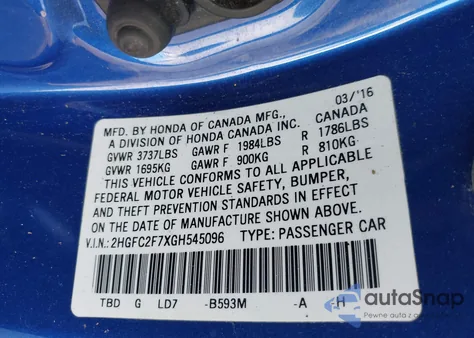 2016 Honda Civic Ex z USA, uszkodzony, nr VIN 2HGFC2F7XGH545096